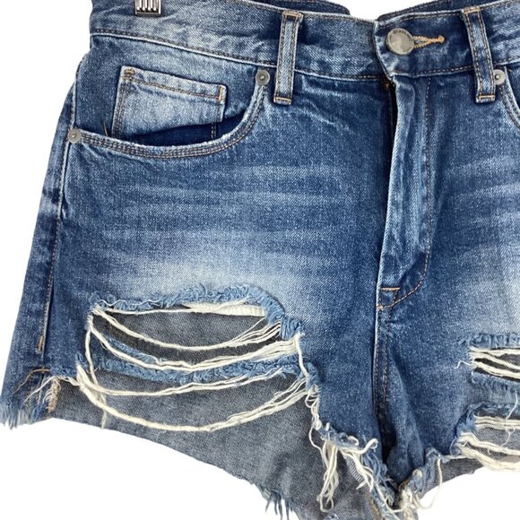 BlankNYC Hi Rise Distressed Denim Shorts Women's Size 28 Raw Hem‎ Jean Shorts - Picture 4 of 9